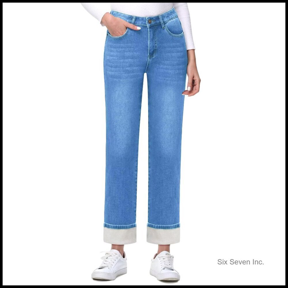 Fleece Lined Jeans High Waist Straight Leg Winter Warm Elastic Comfy Pants
